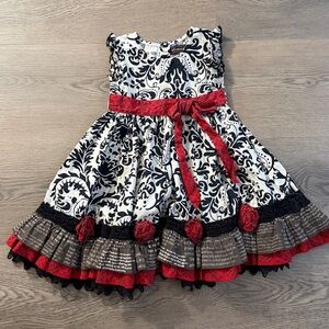 Mustard Pie Cream and Black Damask Dress with Red Sash